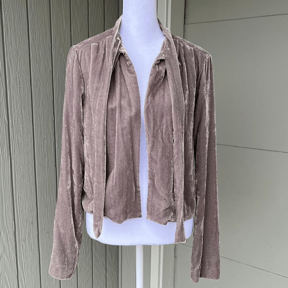 WAYF Taupe Crushed Velvet Tie-Neck Cropped Blouse Jacket Small